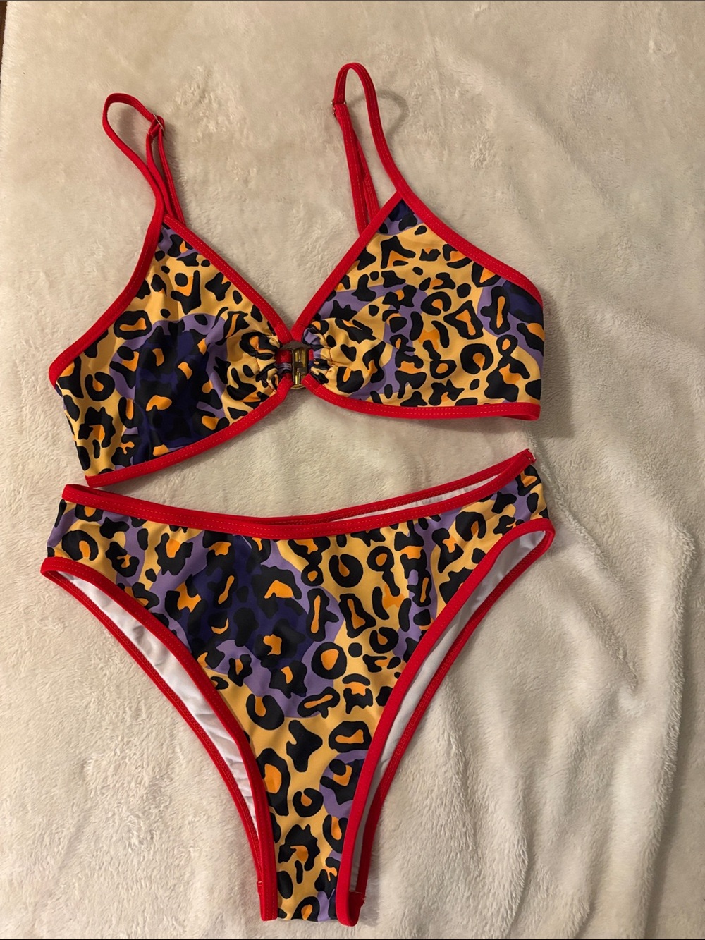 Tainehs Leopard Print O-Ring Triangle Bikini Set | Cheeky 2-Piece Swimsuit